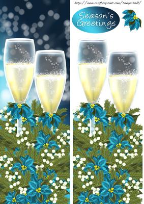 Blue Poinsettia and Champagne Christmas Dl Quick Card