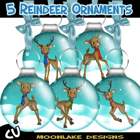 5 Reindeer Christmas Ornaments Png, and Jpg
