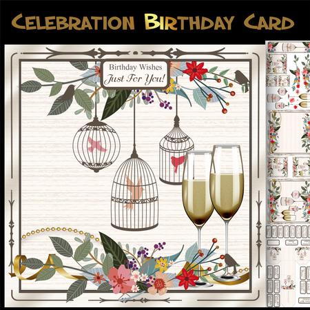 Chic Birthday Mini Card Kits with Birds Flowers & Champagne