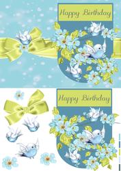 Birthday Card Front with Birds and Blossom