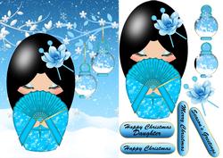 Christmas Kokeshi Doll in Blues