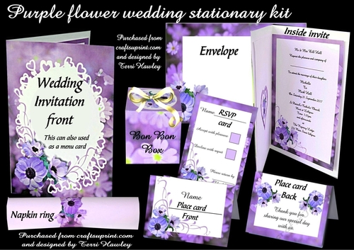 purple flower wedding invitation stationary kit