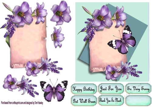 purple lilies and butterflies