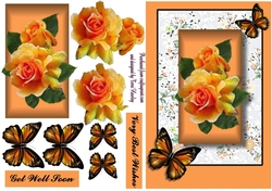 get well soon with orange roses and butterflies