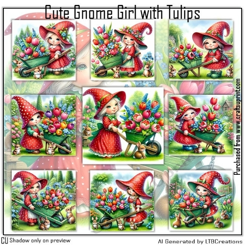Cute Gnome Girl with Tulips