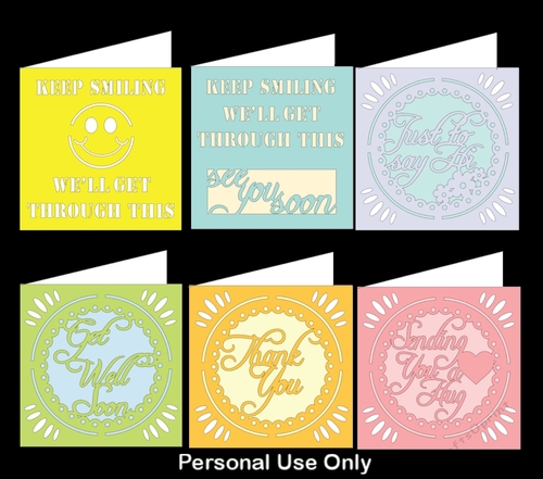 Set of 6 cards for Self Isolating - Hugs, Get Well, Keep Smiling, Thank you and envelope