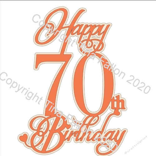 Cake Topper Happy 70th with heart detail and optional offset underlayer