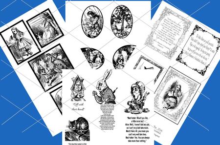 Alice in Wonderland - 70 Assorted Toppers (black on White )
