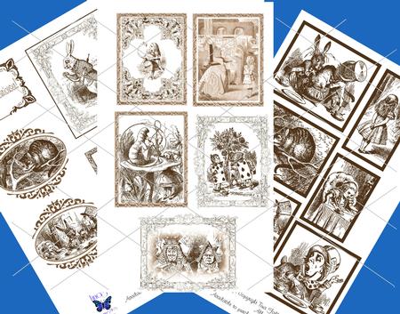 Alice in Wonderland - 70 Assorted Toppers (brown on White )