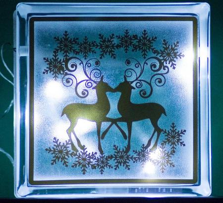 Reindeer And Snowflakes Glass Block Tile Design 6x6 Inches