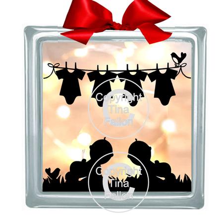 Baby Twins Washing Line Glass Block Tile Design 6x6 Inches