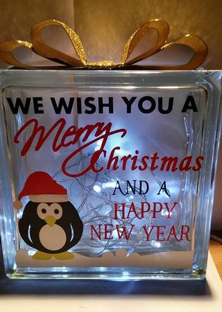 Wishing You A Merry Christmas Penguin Glass Block Tile Desig