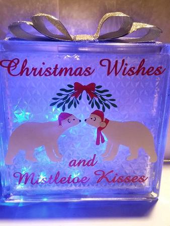 Polar Bears Christmas Wishes Mistletoe Kisses Glass Block T