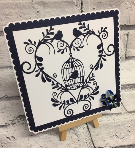 Floral Heart  and bird Cage - scalloped card topper