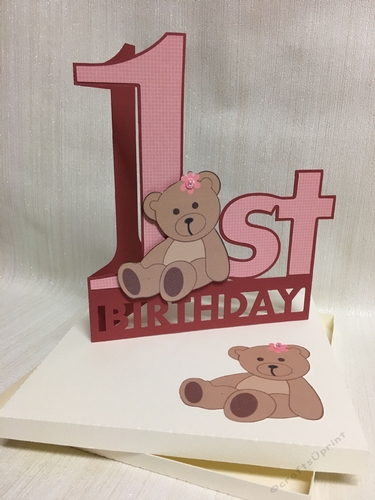 Shaped 1st Birthday Card with Teddy detail and card box 
