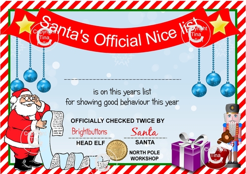 Santas Nice List Certificate - Silhouette machine cut or handcut