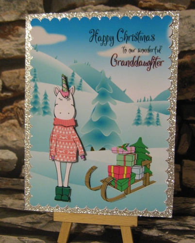 Christmas Unicorn and Sleigh 3d card, topper, card blank , box and insert 
