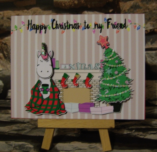 Christmas Unicorn Card To My Friend - Fireplace scene - box,card 3d and insert