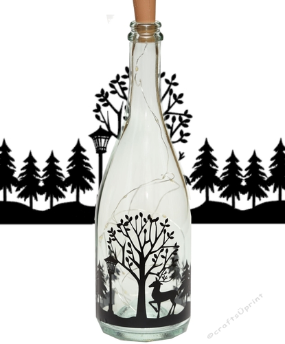 Deer in Forest Christmas Scene Wine bottle Vinyl Quote