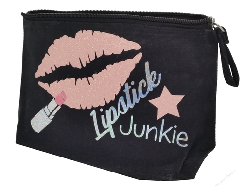 Lipstick Junkie make up, cosmetic bag quote design