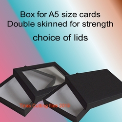 Box with choice of 3 lids sized to fit A5 Cards (8.5 x 6 inches by 1/2 inch) Double walled for extra rigidity