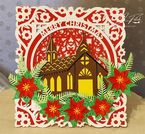 Christmas Church & Poinsettia Luminaire Card Template TF0889, All formats