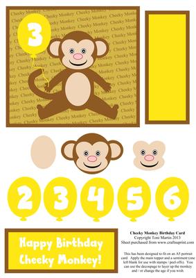 Cheeky Monkey Birthday Decopuage Card Age 2,3,4,5,6