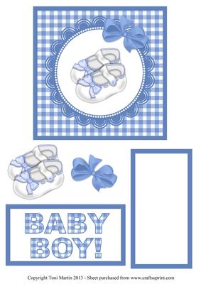 New Baby Boy Blue Gingham Baby Shoes Topper Decoupage Card