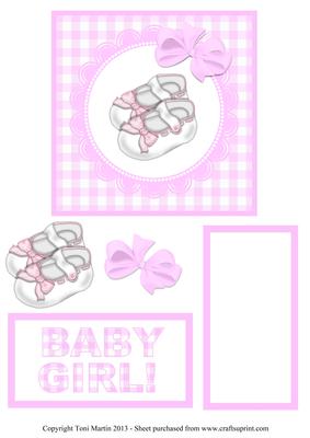 New Baby Girl Pink Gingham Baby Shoes Topper Decoupage Card