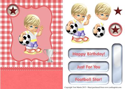 Little Football Boy Card Front (red) with Decoupage