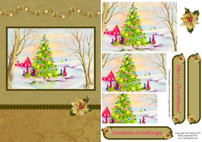 Vintage Christmas Scene Gold Card Front with Pyramage