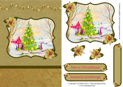Vintage Christmas Scene Gold Card Front with Decoupage