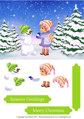 Little Girl & Snowman Christmas Scene Decoupage Card