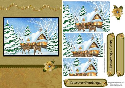 Reindeer Christmas Scene Gold Card Front with Pyramage