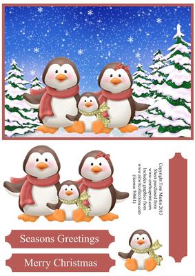 Penguin Family Christmas Card Front with Decoupage