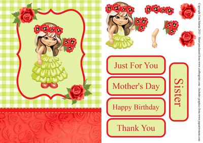 Cute Girl with Flowers Card Front with Decoupage