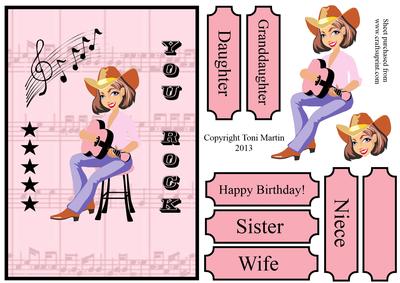You Rock - Pink Guitar Lady Card Front with Decoupage