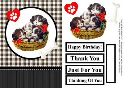 Puppies in a Basket Gingham Card Front with Decoupage