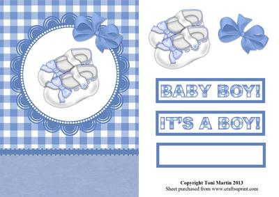 New Baby Boy Little Shoes Card Gingham Front & Decoupage