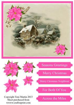 Winter Cottage Pink Poinsettia Decoupage Card