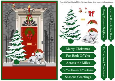 Christmas Door Scene & Kitten Card Front with Decoupage