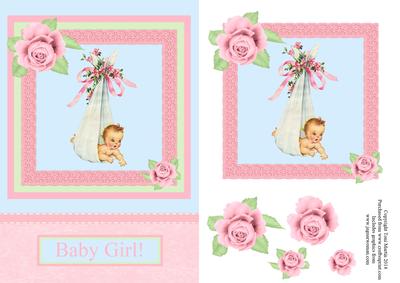 New Baby Girl Lace & Roses Card Front & Decoupage