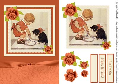 Girl & Cat Decoupage Card - Vintage Style