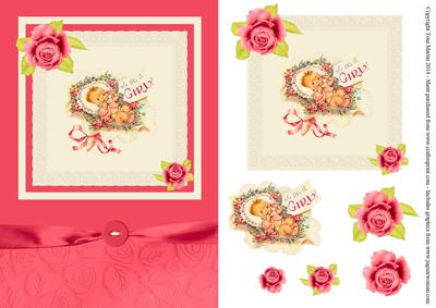 Vintage Baby Girl Decoupage Card - Lace & Roses (blank)