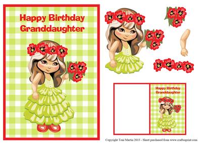 Granddaughter Birthday Card & Gift Tag - Cute Girl & Flowers