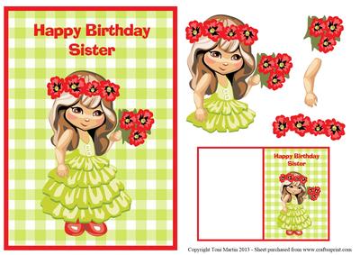 Sister Birthday Card & Gift Tag - Cute Girl with Flowers