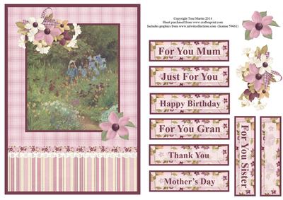 Picking Flowers in the Garden Purple Decoupage Card