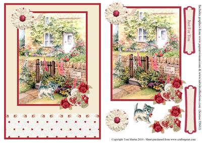 Rose Cottage & Kitten Card Front & Floral Decoupage