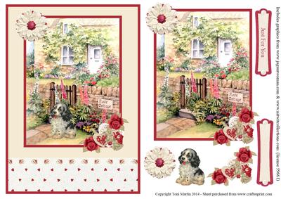 Rose Cottage & Puppy Card Front & Floral Decoupage