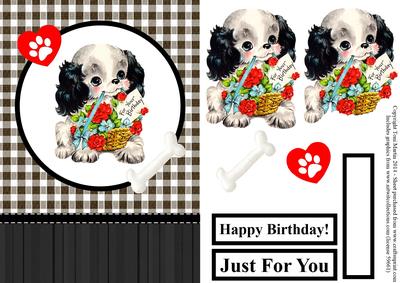 Puppy & Flowers Gingham Birthday Topper & Decoupage